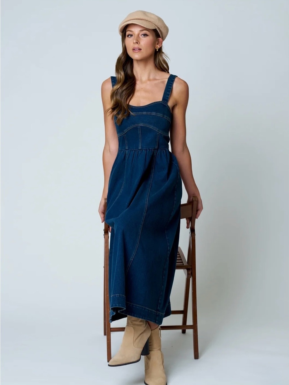 Sleeveless Midi Denim Dress in Dark Blue - Picture 6 of 8
